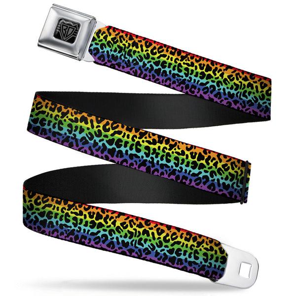 buckle down BD Wings Logo CLOSE-UP Full Color Black Silver Seatbelt Belt - Leopard Rainbow/Black Webbing