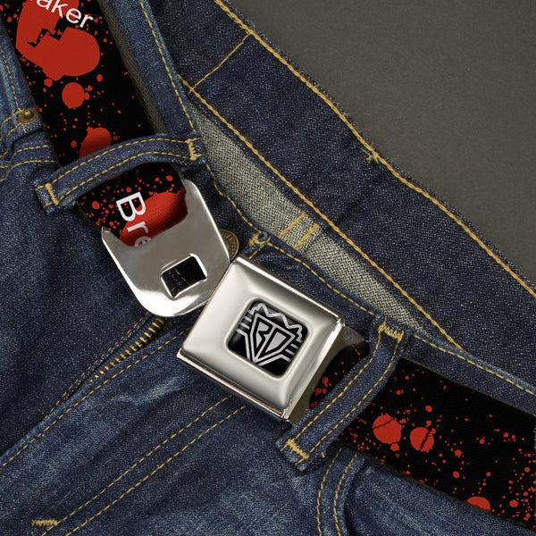 Buckle Down BD Wings Logo CLOSE-UP Full Color Black Silver Seatbelt Belt - Heart Breaker Black/White/Red Webbing