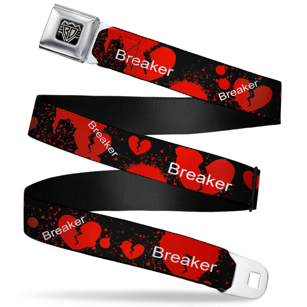 buckle down BD Wings Logo CLOSE-UP Full Color Black Silver Seatbelt Belt - Heart Breaker Black/White/Red Webbing