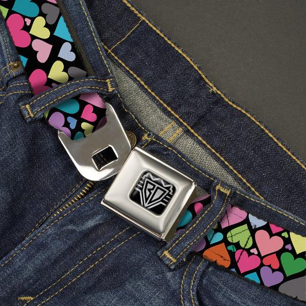 Buckle Down BD Wings Logo CLOSE-UP Full Color Black Silver Seatbelt Belt - Hearts Black/Multi Color Webbing