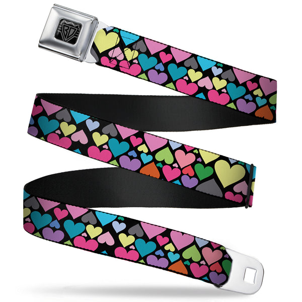 buckle down BD Wings Logo CLOSE-UP Full Color Black Silver Seatbelt Belt - Hearts Black/Multi Color Webbing