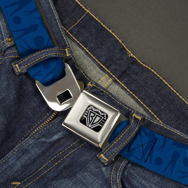 Buckle Down BD Wings Logo CLOSE-UP Full Color Black Silver Seatbelt Belt - Golfing Silhouettes Collage Blues Webbing