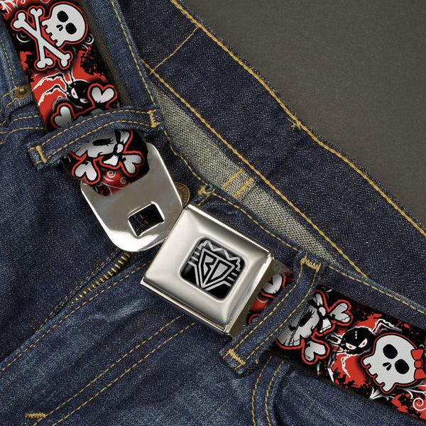 Buckle Down BD Wings Logo CLOSE-UP Full Color Black Silver Seatbelt Belt - Girlie Skull Black/Red Webbing