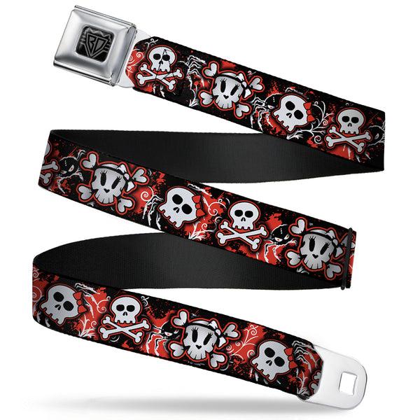 buckle down BD Wings Logo CLOSE-UP Full Color Black Silver Seatbelt Belt - Girlie Skull Black/Red Webbing