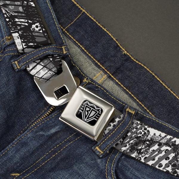 Buckle Down BD Wings Logo CLOSE-UP Full Color Black Silver Seatbelt Belt - Grunge Gears Black/White Webbing