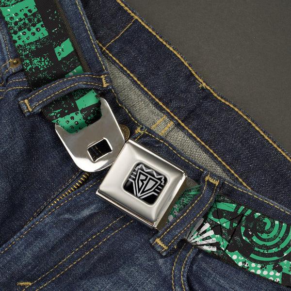 Buckle Down BD Wings Logo CLOSE-UP Full Color Black Silver Seatbelt Belt - Grunge Chaos Green Webbing