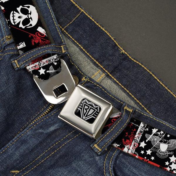 Buckle Down BD Wings Logo CLOSE-UP Full Color Black Silver Seatbelt Belt - Graffiti Men's Webbing