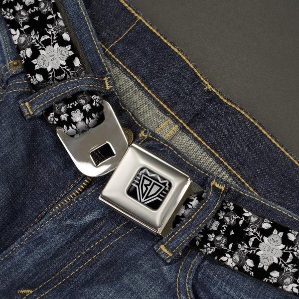 Buckle Down BD Wings Logo CLOSE-UP Full Color Black Silver Seatbelt Belt - Floral Collage Black/Gray/White Webbing