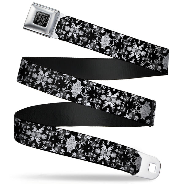 buckle down BD Wings Logo CLOSE-UP Full Color Black Silver Seatbelt Belt - Floral Collage Black/Gray/White Webbing