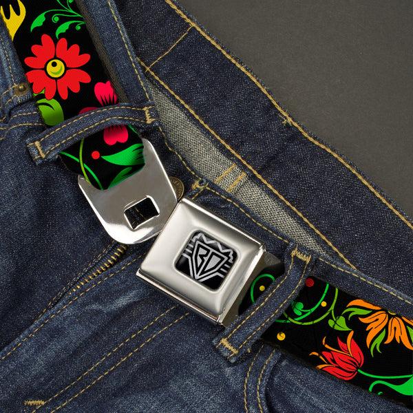 Buckle Down BD Wings Logo CLOSE-UP Full Color Black Silver Seatbelt Belt - Floral Collage2 Black/Red/Orange/Green Webbing
