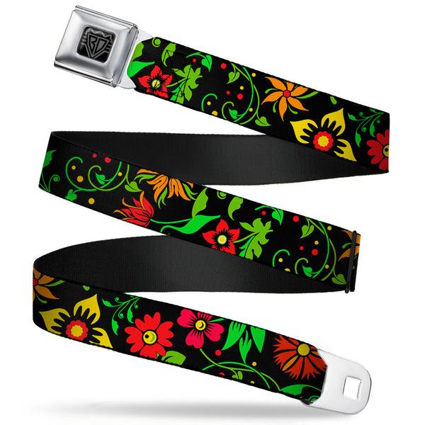 buckle down BD Wings Logo CLOSE-UP Full Color Black Silver Seatbelt Belt - Floral Collage2 Black/Red/Orange/Green Webbing