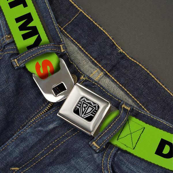 Buckle Down BD Wings Logo CLOSE-UP Full Color Black Silver Seatbelt Belt - DON'T SWEAT MY SWAG Neon Green/Black/Red Webbing