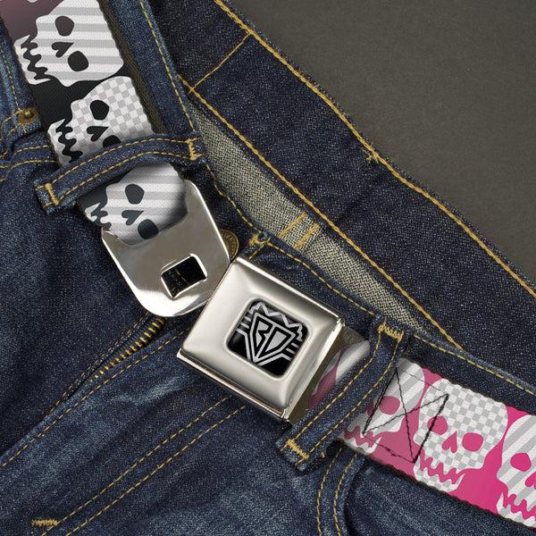Buckle Down BD Wings Logo CLOSE-UP Full Color Black Silver Seatbelt Belt - Checker & Stripe Skulls Gradient Blue/Fuchsia Webbing