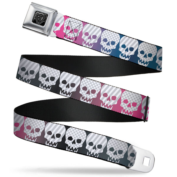 buckle down BD Wings Logo CLOSE-UP Full Color Black Silver Seatbelt Belt - Checker & Stripe Skulls Gradient Blue/Fuchsia Webbing