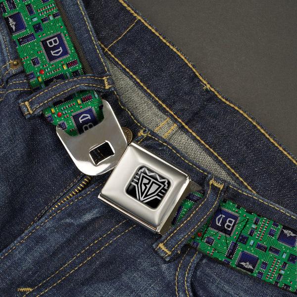 Buckle Down BD Wings Logo CLOSE-UP Full Color Black Silver Seatbelt Belt - Circuit Board Webbing