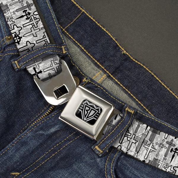 Buckle Down BD Wings Logo CLOSE-UP Full Color Black Silver Seatbelt Belt - Crosses Assorted Distressed White/Black Webbing