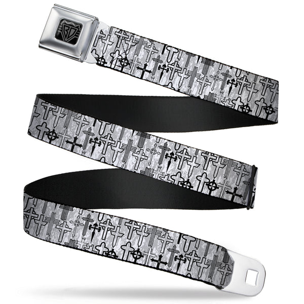 buckle down BD Wings Logo CLOSE-UP Full Color Black Silver Seatbelt Belt - Crosses Assorted Distressed White/Black Webbing