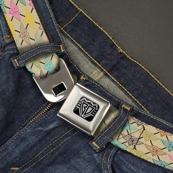 Buckle Down BD Wings Logo CLOSE-UP Full Color Black Silver Seatbelt Belt - BD Monogram Tan/Multi Neon Webbing