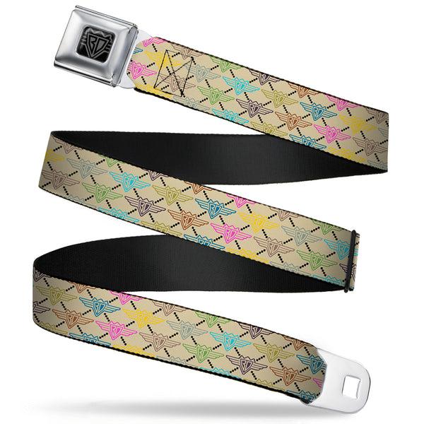 buckle down BD Wings Logo CLOSE-UP Full Color Black Silver Seatbelt Belt - BD Monogram Tan/Multi Neon Webbing