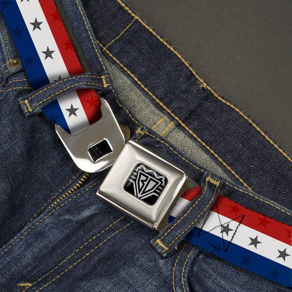 Buckle Down BD Wings Logo CLOSE-UP Full Color Black Silver Seatbelt Belt - Americana Star Stripes Red/White/Blue Webbing