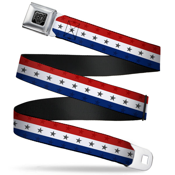 buckle down BD Wings Logo CLOSE-UP Full Color Black Silver Seatbelt Belt - Americana Star Stripes Red/White/Blue Webbing