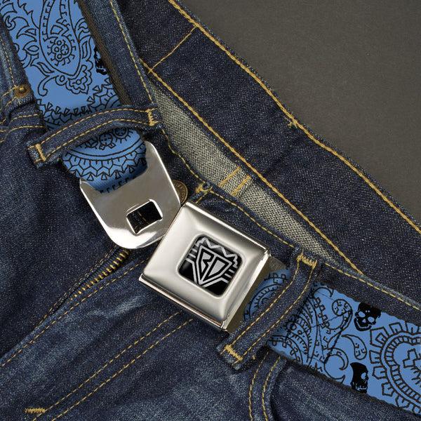 Buckle Down BD Wings Logo CLOSE-UP Full Color Black Silver Seatbelt Belt - Bandana/Skulls Baby Blue/Black Webbing