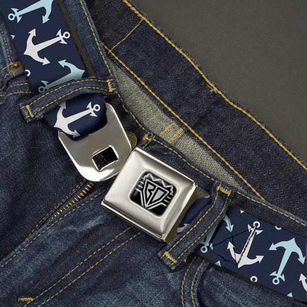 Buckle Down BD Wings Logo CLOSE-UP Full Color Black Silver Seatbelt Belt - Anchor2 Flip CLOSE-UP Navy/Baby Blue/White Webbing
