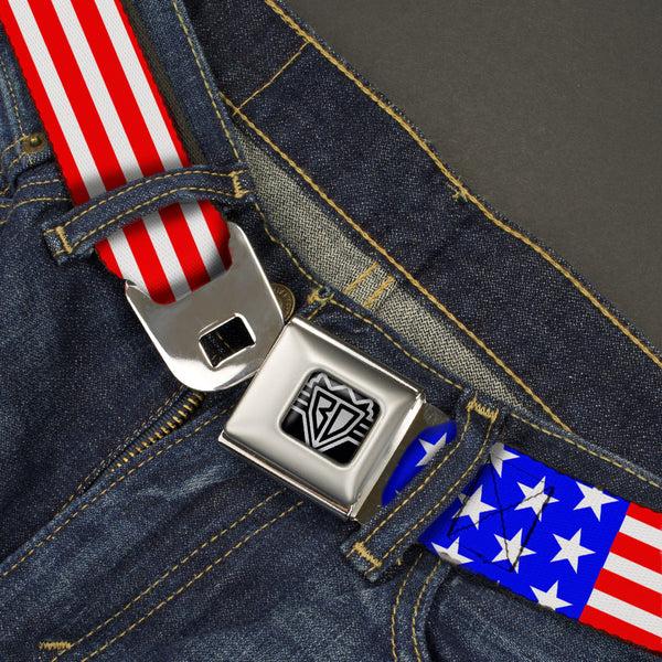 Buckle Down BD Wings Logo CLOSE-UP Full Color Black Silver Seatbelt Belt - Americana Stars & Stripes3 Red/White/Blue Webbing