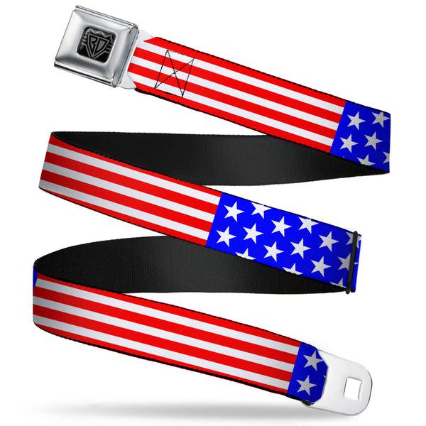buckle down BD Wings Logo CLOSE-UP Full Color Black Silver Seatbelt Belt - Americana Stars & Stripes3 Red/White/Blue Webbing