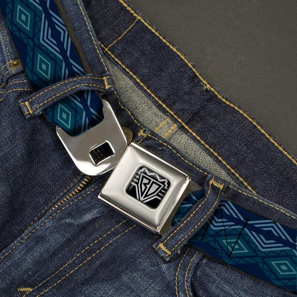Buckle Down BD Wings Logo CLOSE-UP Full Color Black Silver Seatbelt Belt - Aztec3 Blues Webbing