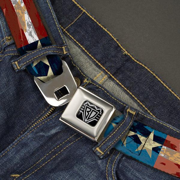 Buckle Down BD Wings Logo CLOSE-UP Full Color Black Silver Seatbelt Belt - Americana Vintage Stars & Stripes Webbing