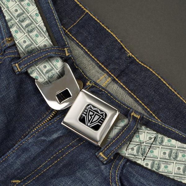 Buckle Down BD Wings Logo CLOSE-UP Full Color Black Silver Seatbelt Belt - 100 Dollar Bill Old Series 2006 Repeat Webbing