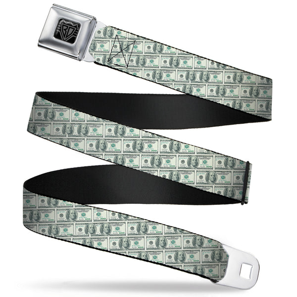 buckle down BD Wings Logo CLOSE-UP Full Color Black Silver Seatbelt Belt - 100 Dollar Bill Old Series 2006 Repeat Webbing