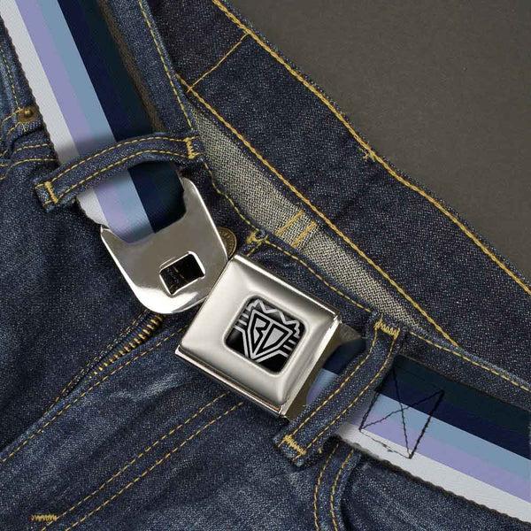 Buckle Down BD Wings Logo CLOSE-UP Full Color Black Silver Seatbelt Belt - Spectrum Blue Webbing