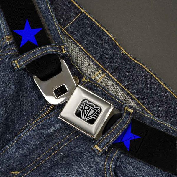 Buckle Down BD Wings Logo CLOSE-UP Full Color Black Silver Seatbelt Belt - Star Black/Blue Webbing