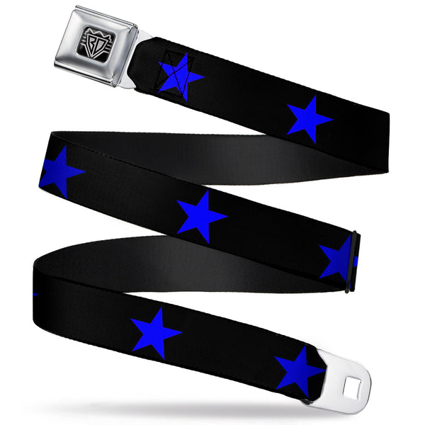 buckle down BD Wings Logo CLOSE-UP Full Color Black Silver Seatbelt Belt - Star Black/Blue Webbing