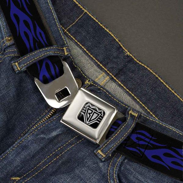 Buckle Down BD Wings Logo CLOSE-UP Full Color Black Silver Seatbelt Belt - Flame Blue Webbing