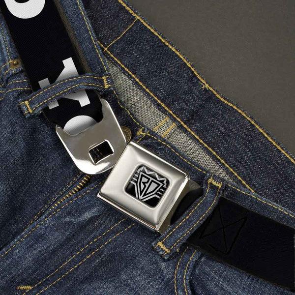 Buckle Down BD Wings Logo CLOSE-UP Full Color Black Silver Seatbelt Belt - YOLO Bold Black/White Webbing