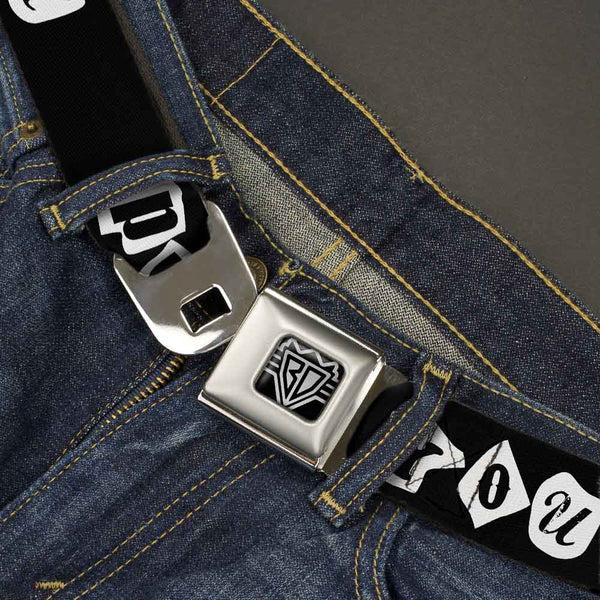 Buckle Down BD Wings Logo CLOSE-UP Full Color Black Silver Seatbelt Belt - Punk You Black/White Webbing