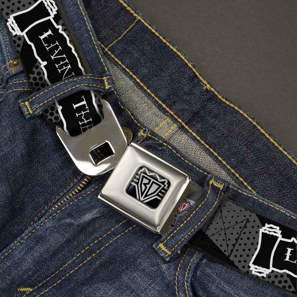 Buckle Down BD Wings Logo CLOSE-UP Full Color Black Silver Seatbelt Belt - LIVING THE DREAM Scroll Gray/Black/White Webbing
