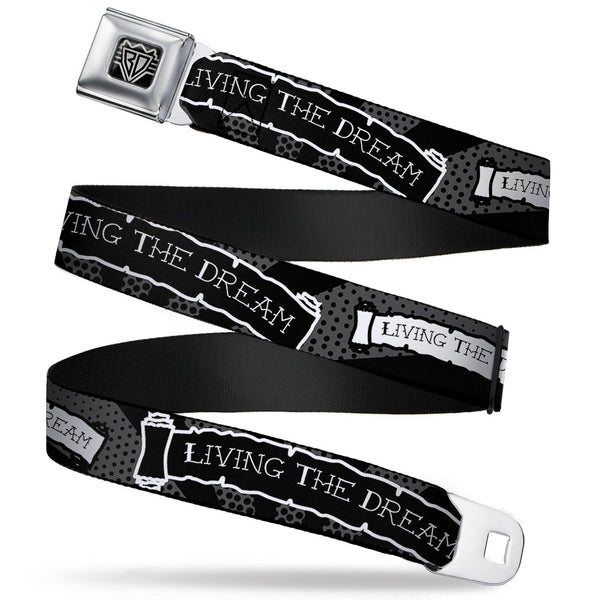 buckle down BD Wings Logo CLOSE-UP Full Color Black Silver Seatbelt Belt - LIVING THE DREAM Scroll Gray/Black/White Webbing