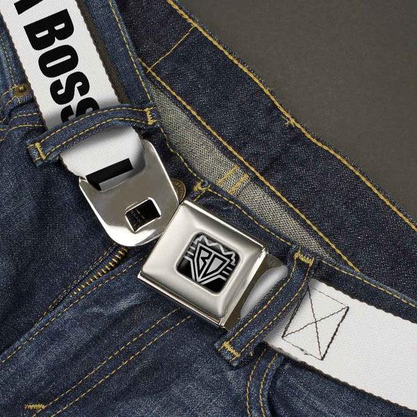 Buckle Down BD Wings Logo CLOSE-UP Full Color Black Silver Seatbelt Belt - LIKE A BOSS White/Black Webbing