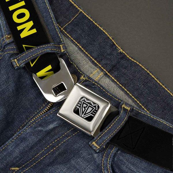 Buckle Down BD Wings Logo CLOSE-UP Full Color Black Silver Seatbelt Belt - CAUTION WATCH YOUR DUBSTEP Black/Yellow Webbing