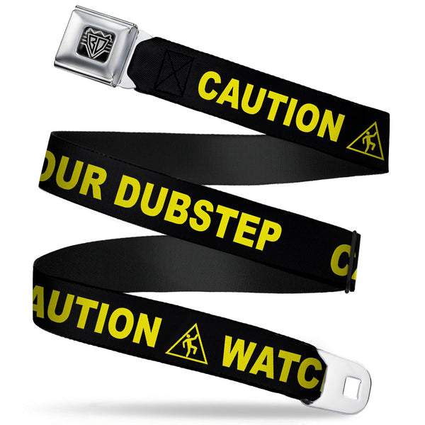 buckle down BD Wings Logo CLOSE-UP Full Color Black Silver Seatbelt Belt - CAUTION WATCH YOUR DUBSTEP Black/Yellow Webbing