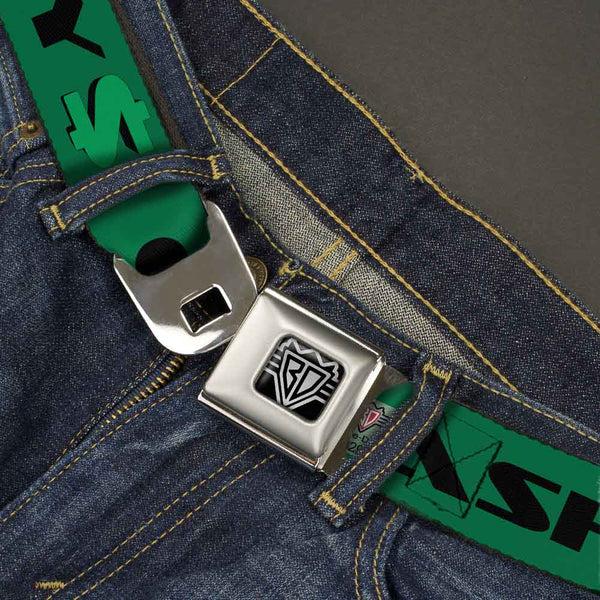 Buckle Down BD Wings Logo CLOSE-UP Full Color Black Silver Seatbelt Belt - CASH MONEY $ Green/Black Webbing