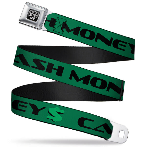 buckle down BD Wings Logo CLOSE-UP Full Color Black Silver Seatbelt Belt - CASH MONEY $ Green/Black Webbing