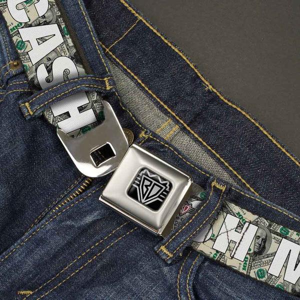 Buckle Down BD Wings Logo CLOSE-UP Full Color Black Silver Seatbelt Belt - CASH MONEY $ Dollars/White Webbing