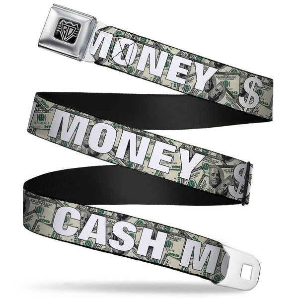 buckle down BD Wings Logo CLOSE-UP Full Color Black Silver Seatbelt Belt - CASH MONEY $ Dollars/White Webbing