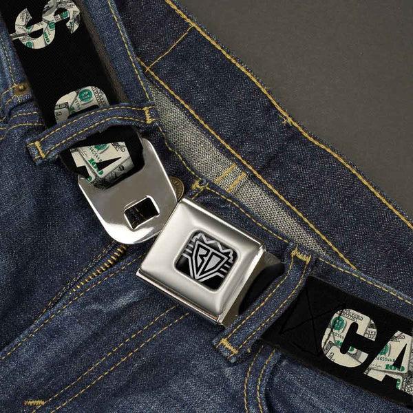 Buckle Down BD Wings Logo CLOSE-UP Full Color Black Silver Seatbelt Belt - CASH MONEY $ Black/Dollars Webbing