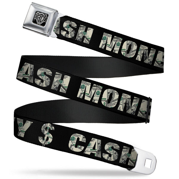 buckle down BD Wings Logo CLOSE-UP Full Color Black Silver Seatbelt Belt - CASH MONEY $ Black/Dollars Webbing